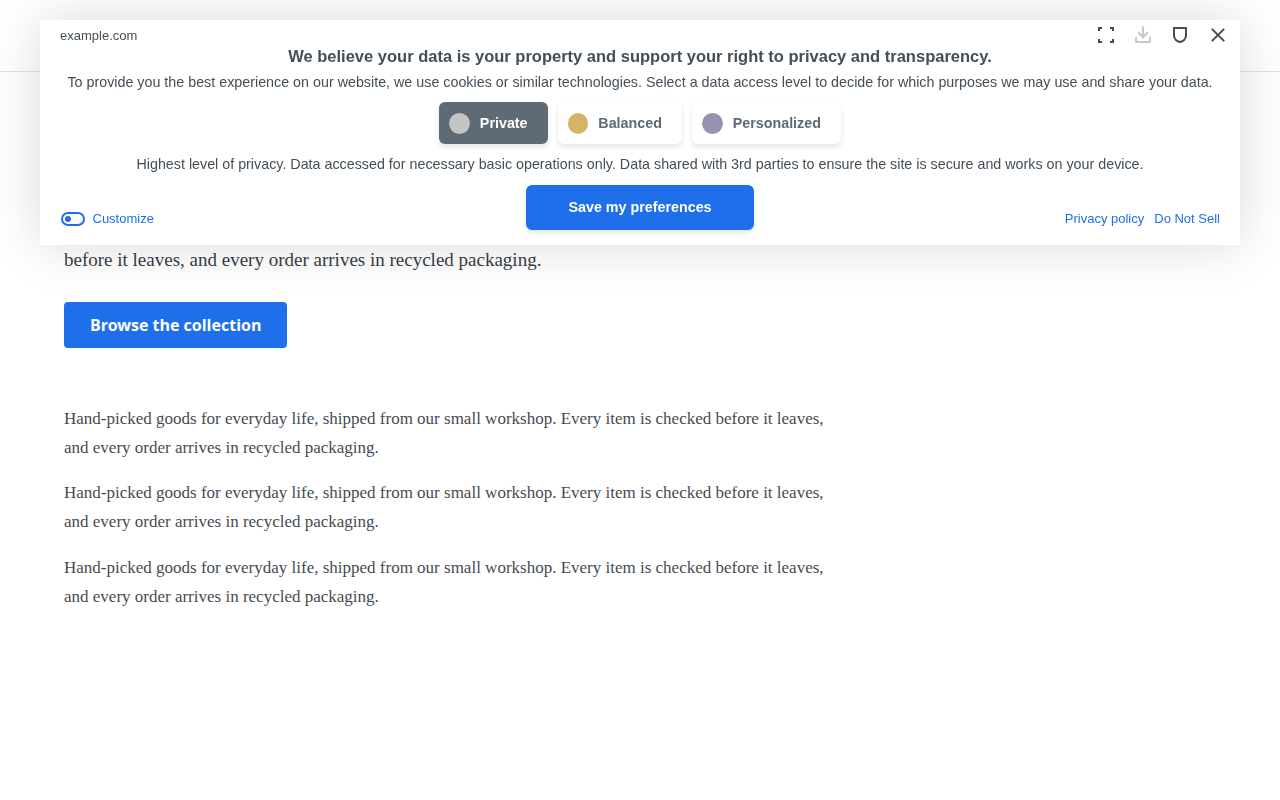 Cookie consent banner as a floating white card at the top of a white page, with dark grey text and a bright blue Save my preferences button with slightly rounded corners.