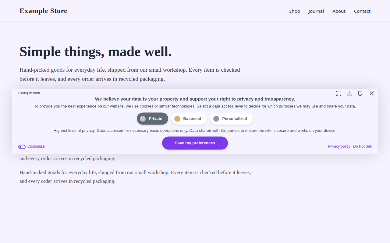 Cookie consent banner as a wide pale violet panel centred vertically on a pale violet page, with smaller dark grey text and a violet pill-shaped Save my preferences button with fully rounded corners.
