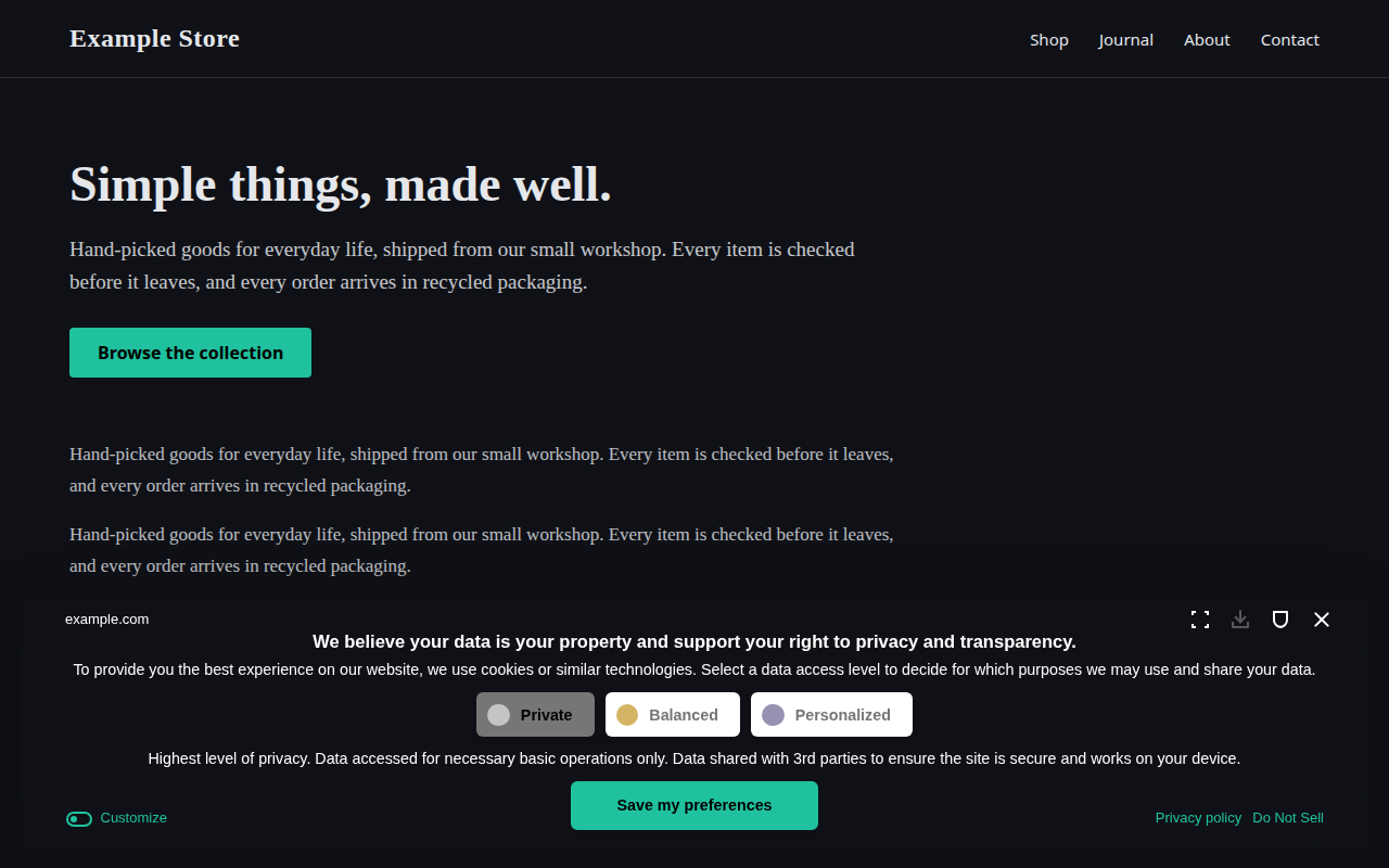 Cookie consent banner as a wide near-black bar across the bottom of a dark page, with white text and a mint green Save my preferences button with black text and slightly rounded corners.
