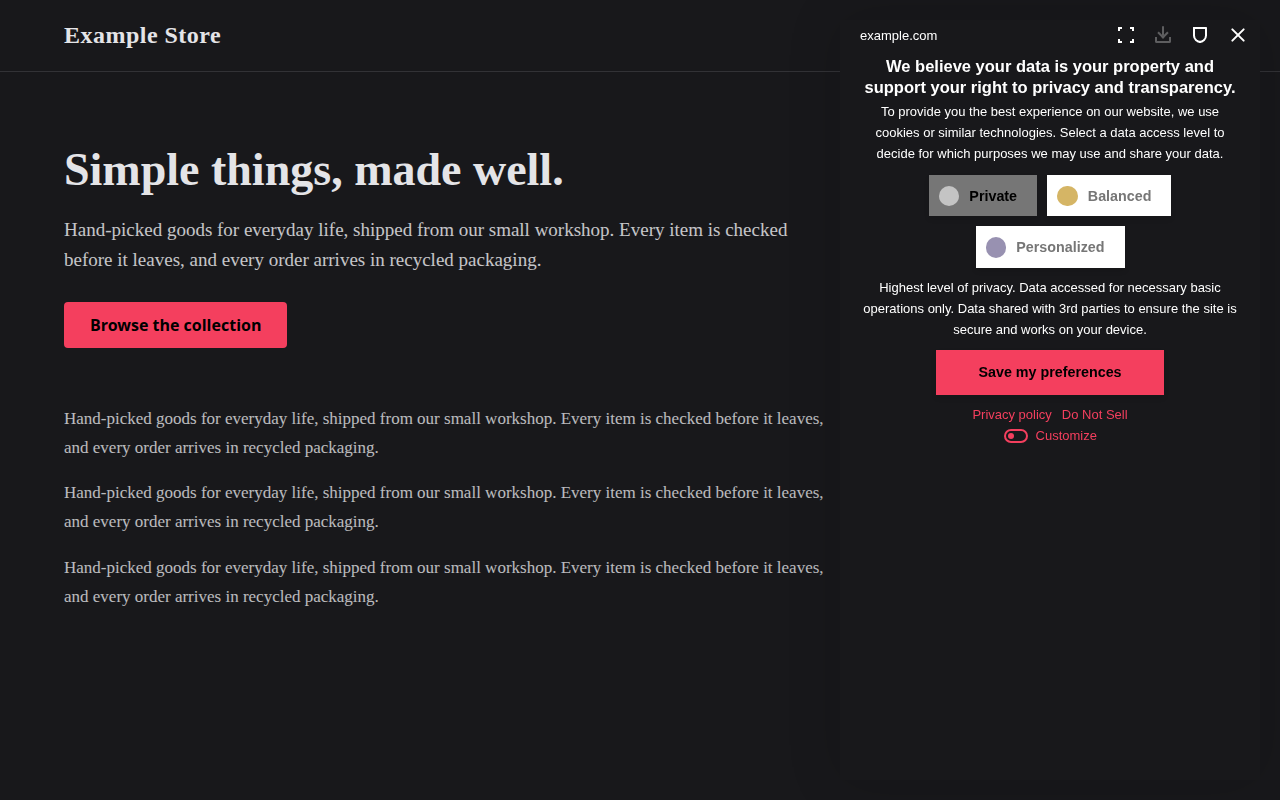 Cookie consent banner as a tall near-black panel running the full height of the right side of a dark page, with white text and a rose pink Save my preferences button with black text and square corners.
