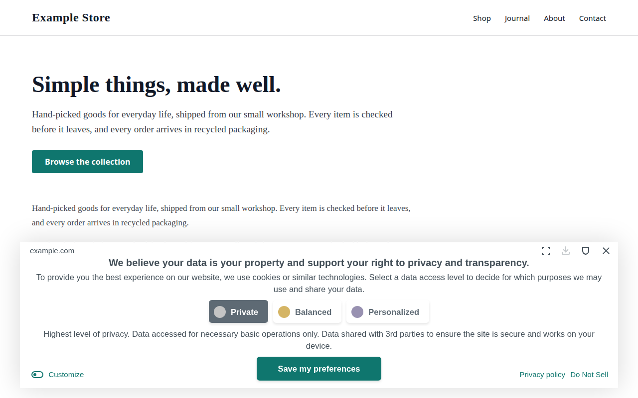Cookie consent banner as a floating white card at the bottom of a white page, with larger dark grey text and a teal Save my preferences button with slightly rounded corners.