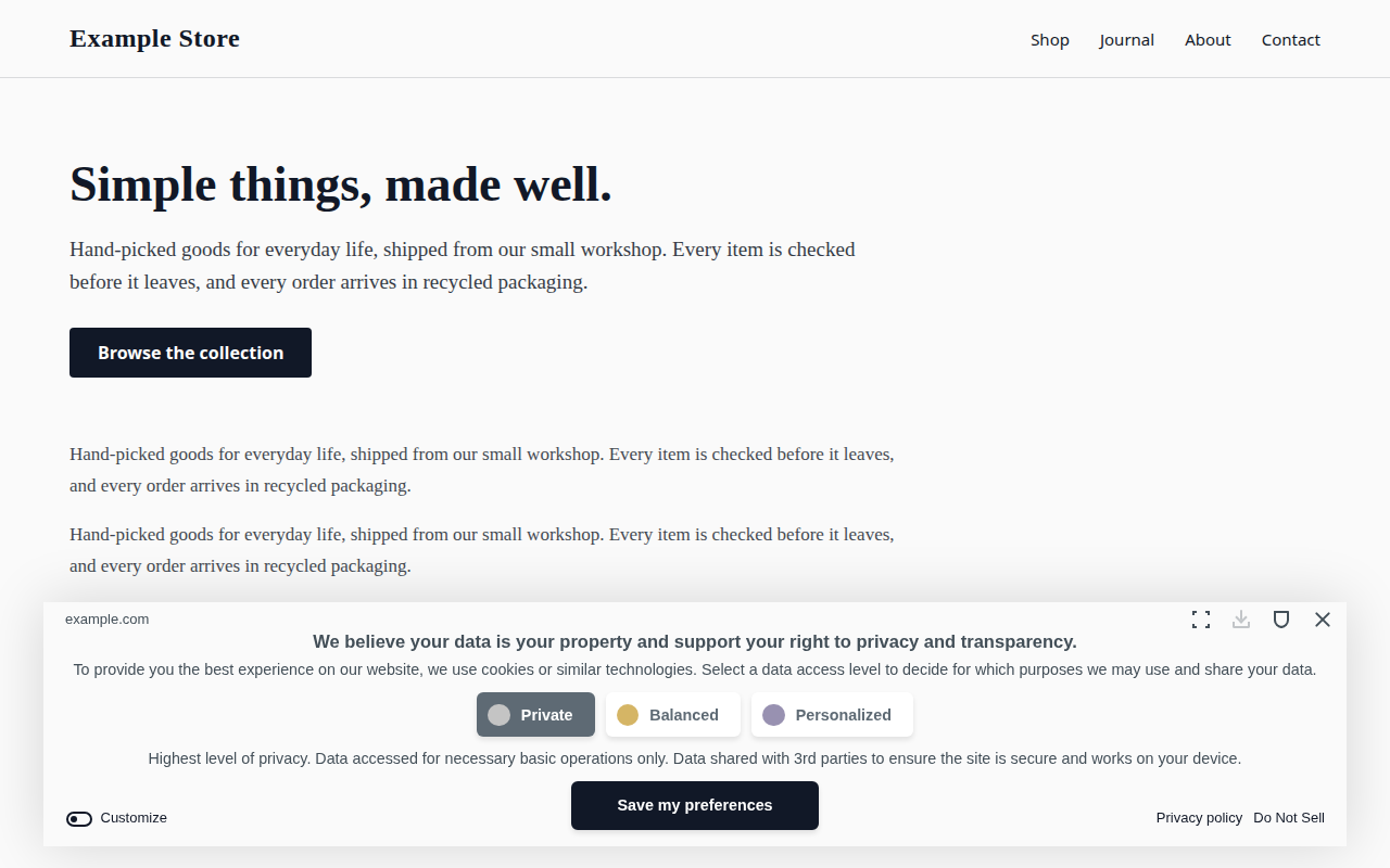 Cookie consent banner as a floating off-white card at the bottom of a light page, with dark grey text and a near-black Save my preferences button with slightly rounded corners.