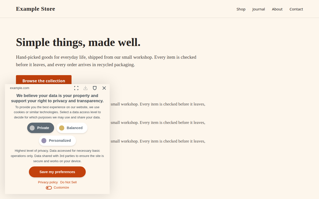 Cookie consent banner as a narrow cream card floating at the bottom left of a cream page, with dark grey text and a burnt orange pill-shaped Save my preferences button with fully rounded corners.
