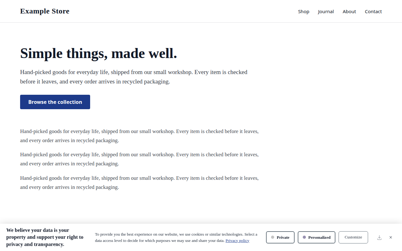v2 consent banner in the compact style as a single-row white bar across the bottom of a white page: the heading on the left, then the message with a navy Privacy policy link, then Private and Personalized buttons with grey borders and a Customize button, with download and close icons at the far right.