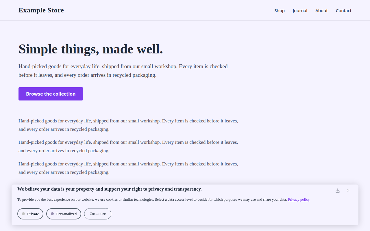 v2 consent banner in the compact style as a wide pale violet card floating at the bottom of a pale violet page: the heading in the top row beside download and close icons, the message with a violet Privacy policy link below it, then pill-shaped Private and Personalized buttons and a pill-shaped Customize button.