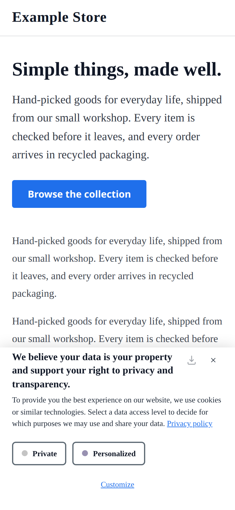 v2 consent banner in the compact style on a phone-sized screen, as a white sheet across the bottom of a white page: the heading in the top row beside download and close icons, the message with a blue Privacy policy link, Private and Personalized buttons side by side, and Customize as a blue underlined link centred below them.