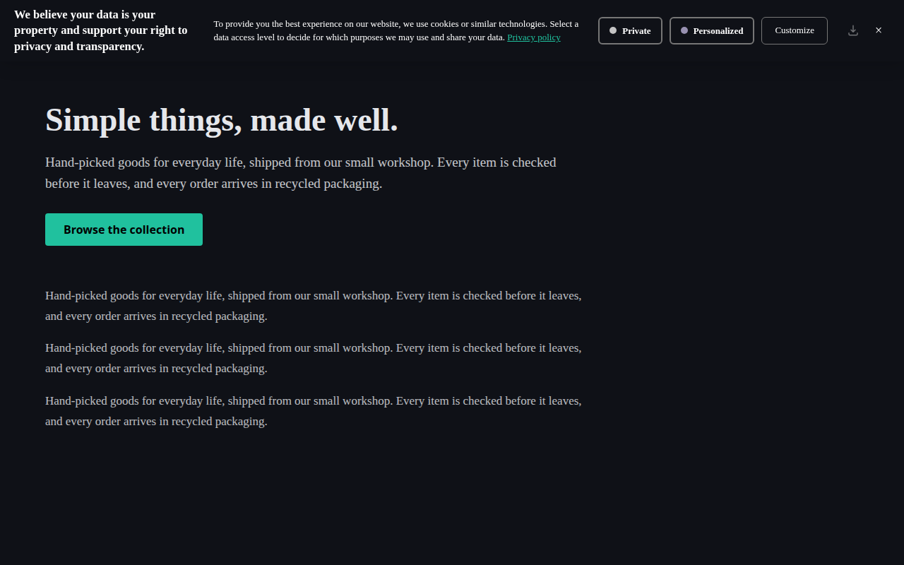 v2 consent banner in the compact style as a single-row near-black bar across the top of a dark page: a white heading on the left, then the white message with a mint Privacy policy link, then Private and Personalized buttons with grey borders and a Customize button, with download and close icons at the far right.