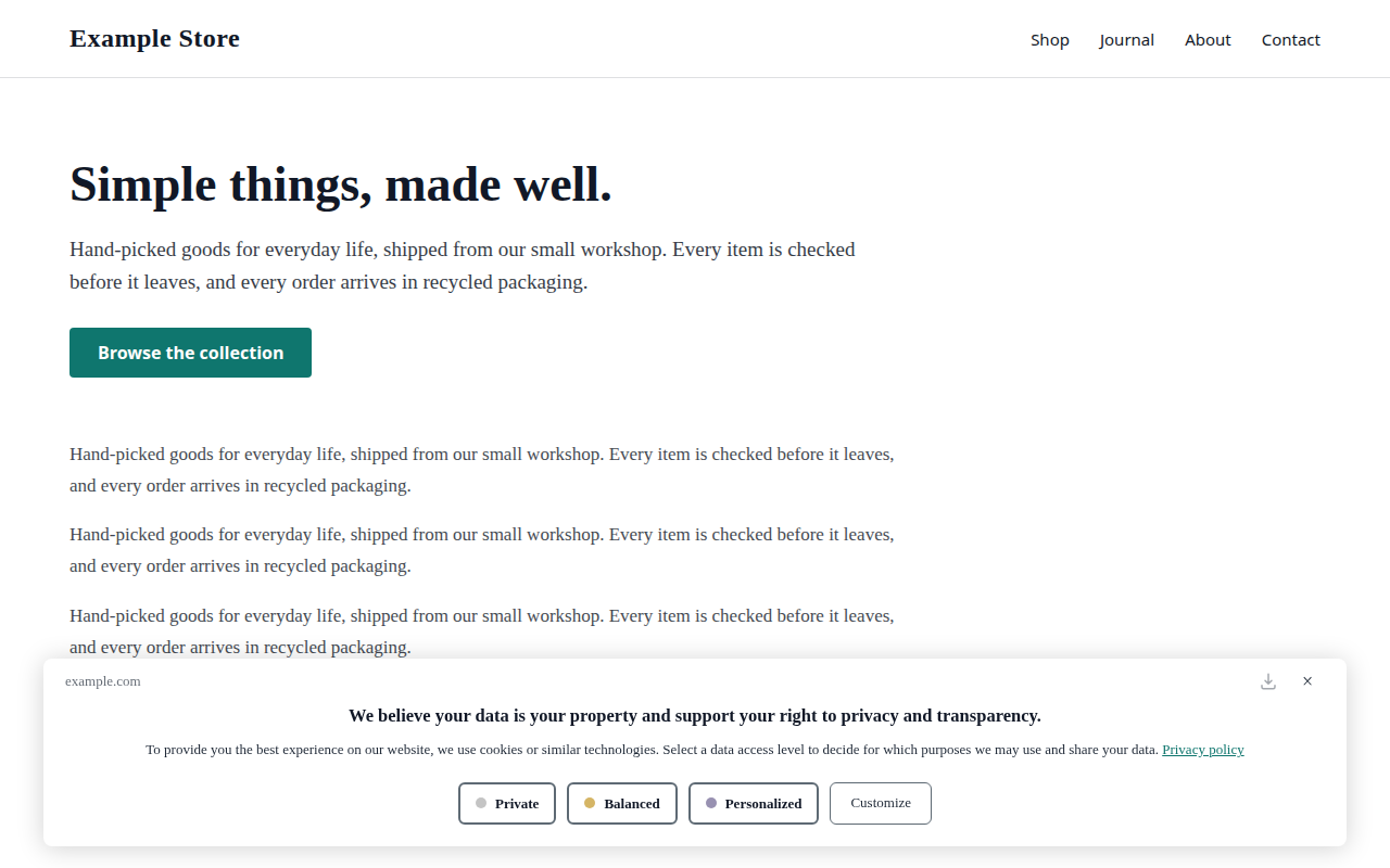 v2 consent banner in the standard style as a wide white card floating at the bottom of a white page: the site domain at top left with download and close icons at top right, a centred heading and message with a teal Privacy policy link, then Private, Balanced and Personalized buttons and a Customize button in one centred row.