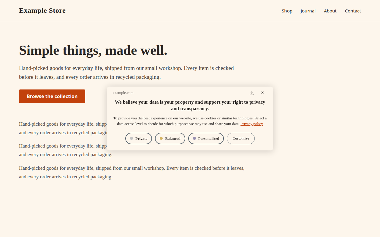 v2 consent banner in the standard style as a cream panel centred over a cream page: the site domain at top left with download and close icons at top right, a centred heading and message with a burnt orange Privacy policy link, then pill-shaped Private, Balanced and Personalized buttons and a pill-shaped Customize button.