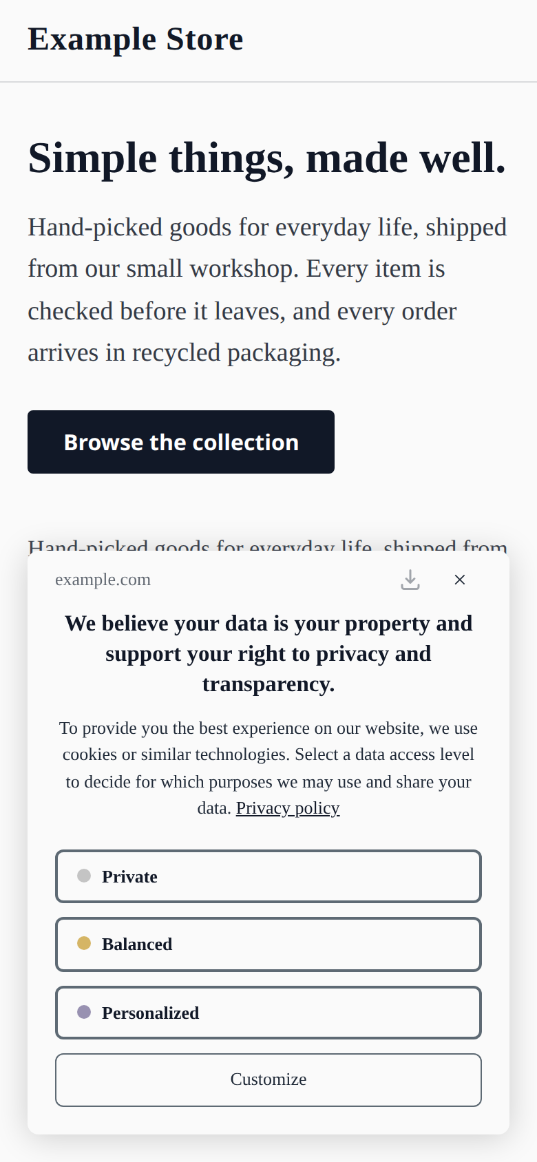 v2 consent banner in the standard style on a phone-sized screen, as an off-white card floating at the bottom of an off-white page: the site domain with download and close icons at the top, a centred heading and message with a near-black Privacy policy link, then full-width Private, Balanced and Personalized buttons stacked in a column, with a full-width Customize button last.