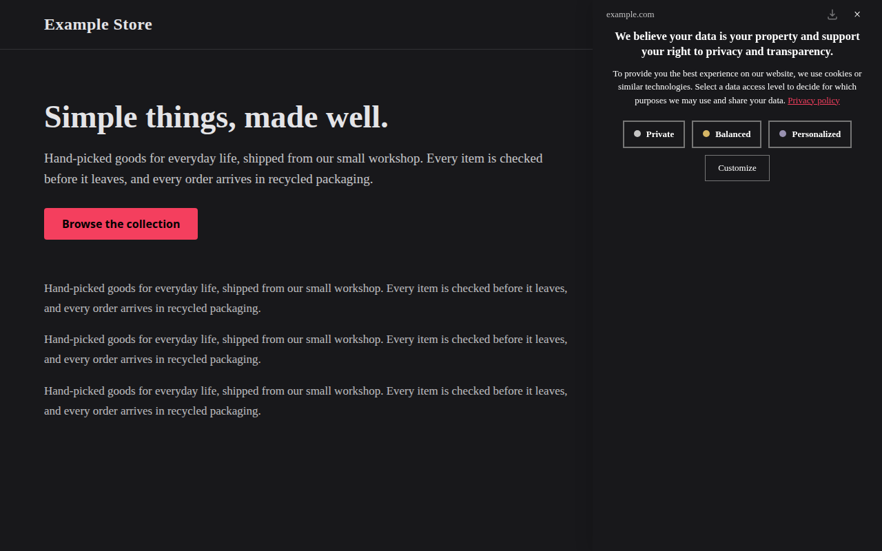 v2 consent banner in the standard style as a near-black panel running the full height of the right side of a dark page: the site domain and the download and close icons at the top, a centred white heading and message with a rose Privacy policy link, then square-cornered Private, Balanced and Personalized buttons, with the Customize button on its own row below them.